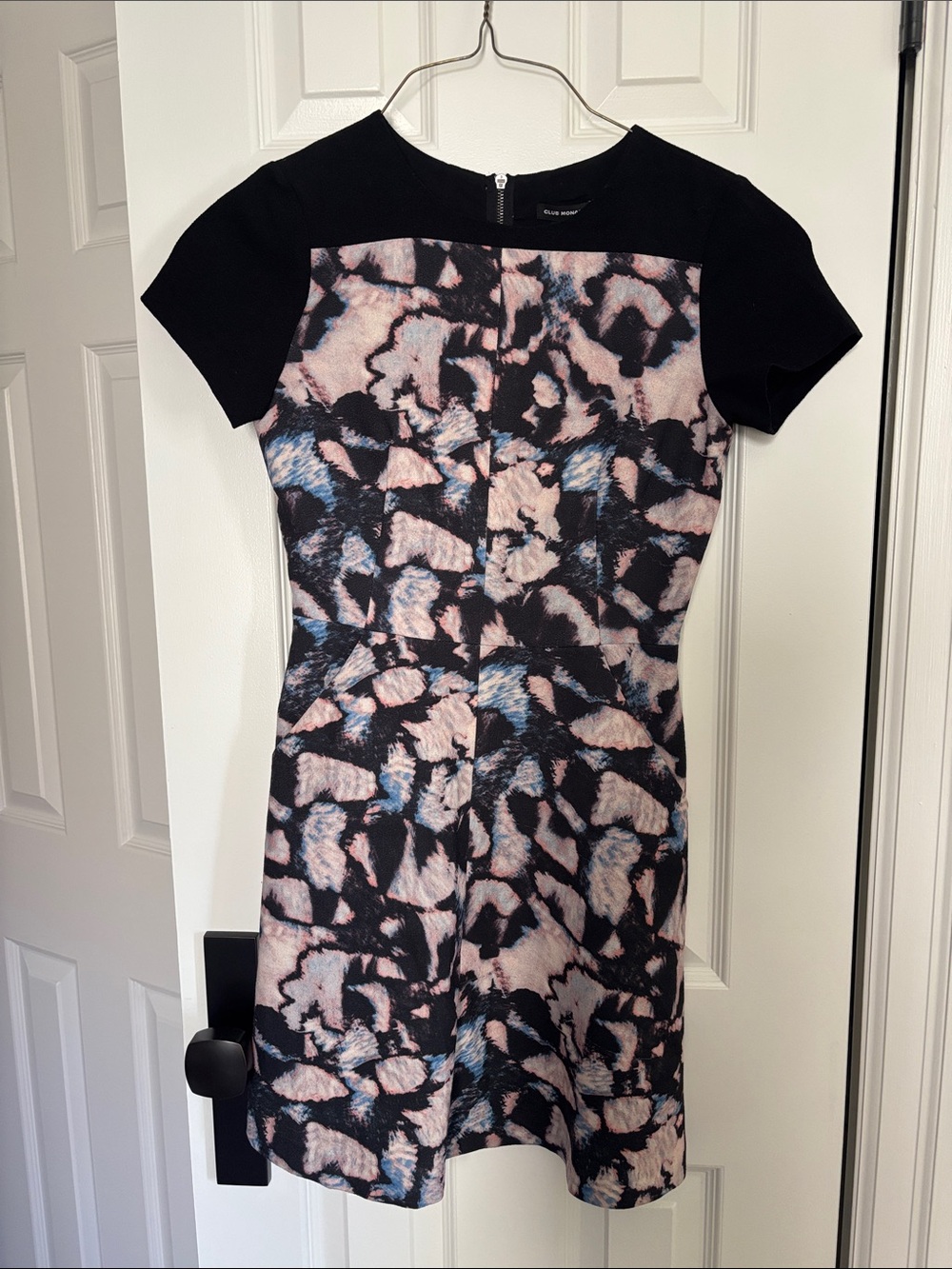 Club Monaco Black Dress with Blush and Blue Abstract Print